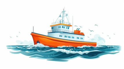 Fototapeta premium A vibrant illustration of an orange fishing boat sailing through the ocean, surrounded by seagulls and waves.