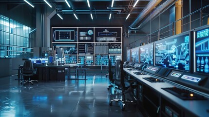 Futuristic Control Room with Multiple Monitors - 3D Illustration