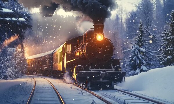 Steam train ride in winter snow travel scene