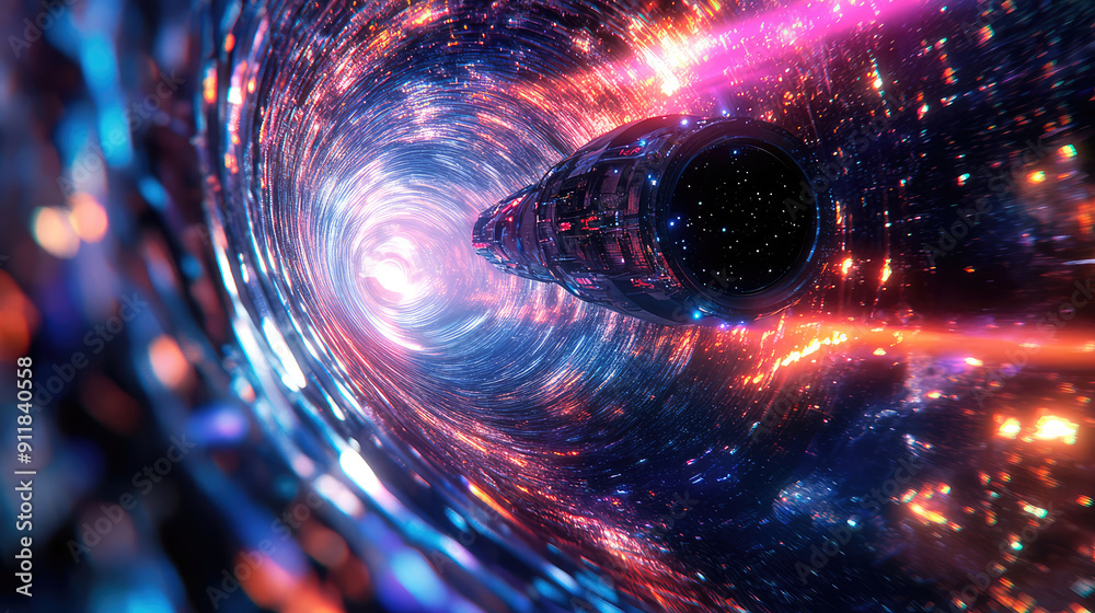 Wall mural a spaceship is speeding at light speed through a holographic galactic vortex. generative ai