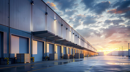 Early morning sunrise casts warm glow on vast modern gray warehouse distribution facility with rows of stacked shipping containers and tall loading dock doors.