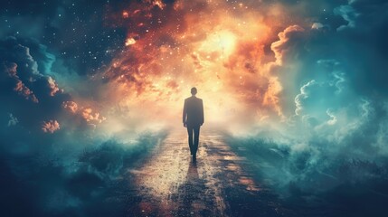 Obraz premium move on to the future to achieve your goal in your life concept picture of a man walking on the misty lonely road to the future.