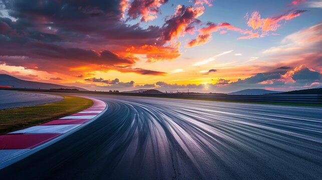 Race track curve at sunset with dramatic sky