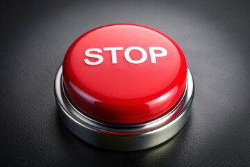 A prominent red button with bold white lettering of Stop emblazoned on it, isolated on a dark background, symbolizing decisive action and control.