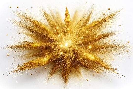 Vibrant golden particles erupt in a dramatic explosion on a pristine white background, radiating outward in a stunning display of energy and movement.