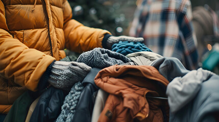 Kind person giving jackets and blankets to a homeless shelter to help those in need.