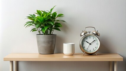 Serenity-filled minimalist decor features a sleek alarm clock nestled beside a lush green plant on a modern shelf, exuding calmness and understated style.