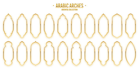 Islamic frames, oriental style. Golden arabic shapes, windows and arches. Traditional ornamental banner, frame. Muslim holidays, Ramadan Kareem. Modern eastern architecture. Vector illustration