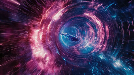 Obraz premium A spaceship is speeding at light speed through a holographic galactic vortex. Generative AI
