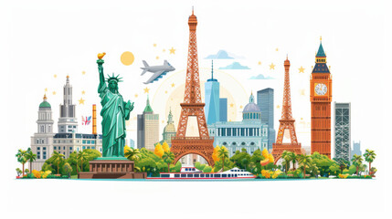 Artistic illustration of world-famous landmarks including the Statue of Liberty, Eiffel Tower, and Big Ben, emphasizing global travel.
