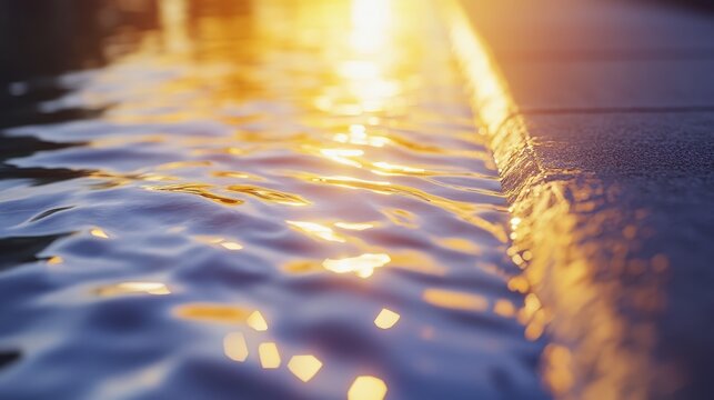 夕暮れ時、水面に反射する光が穏やかな波を作り出している。周囲は静けさに包まれ、心が和らぐ瞬間。