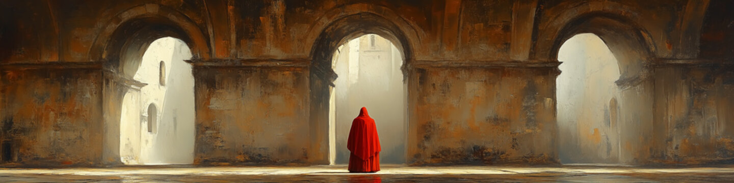 impressionist palette knife oil painting, abbot standing in front of arches in abbey.