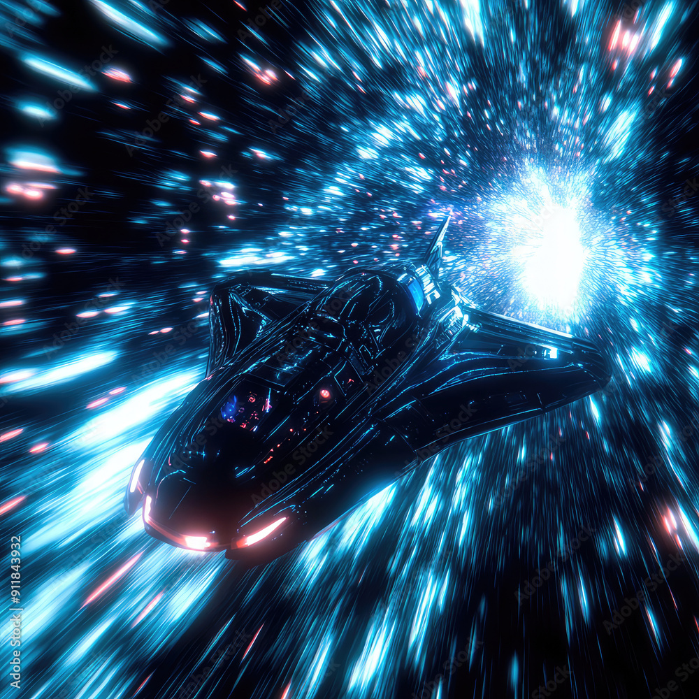 Wall mural a spaceship is speeding at light speed through a holographic galactic vortex. generative ai
