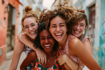 Fototapeta premium A group of multiethnic friends of men and women hugging and taking a picture of each other on their trip 