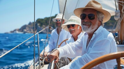 Senior friends on yacht in cool white summer shirts.
