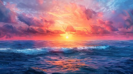 Obraz premium A tropical beach at sunset with palms silhouetted against the sky