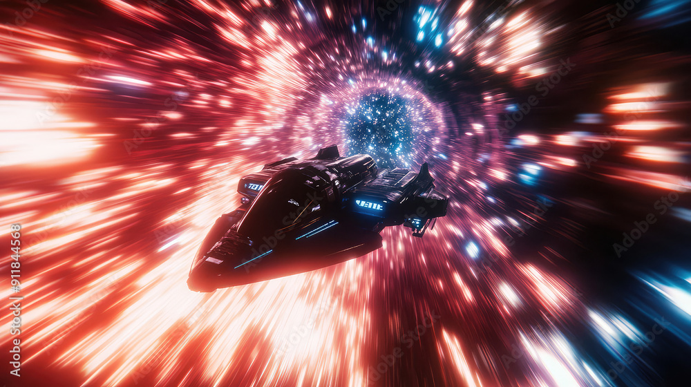 Wall mural a spaceship is speeding at light speed through a holographic galactic vortex. generative ai