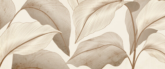 Abstract botanical art background with tropical leaves in hand drawn line style. Modern style plant banner for decor, print, postcard, wallpaper, cover, interior, packaging.