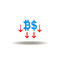 Vector illustration of bitcoin and dollar currency with falling down arrows. Icon of recession inflation.