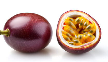 A Whole and a Half Passion Fruit on a White Background.