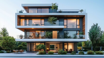 Obraz premium Modern Residential Building With Glass Facades Surrounded by Greenery in Bright Daylight