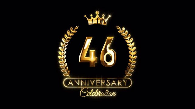 46th Anniversary Celebration. Happy 46 Years Anniversary Animation in Gold Color on the Transparent Background, Alpha Channel. Great for greetings, celebrations, events, and gifts.