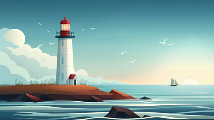 An artistic illustration of a lighthouse standing by the sea, with seagulls flying in the sky and a distant sailboat.