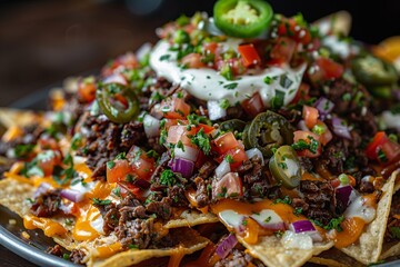 This atmospheric shot highlights the comfort and flavor of Beef Nachos, featuring rich seasoned beef, gooey cheese, spicy jalapenos, zesty salsa, and creamy sour cream on a bed of crispy tortilla chip