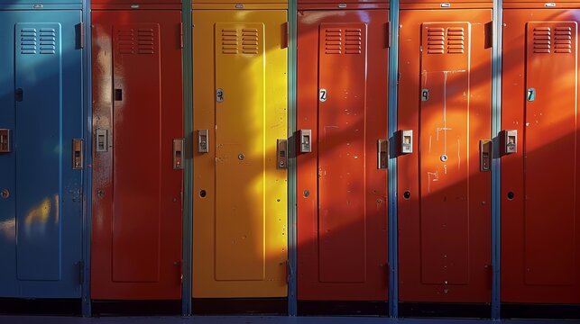 Five colorful lockers in a row with numbers on doors.