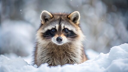 Obraz premium Close view of a cute racoon outdoors in the snow, raccoon, winter, adorable, wildlife, fluffy, cold, snow, close-up, cute, outdoors