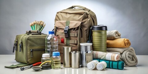 Bug-out bag with emergency supplies on neutral background, bug out bag, emergency, survival, kit