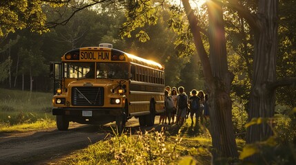 Children boarding school bus in rural morning sunlight