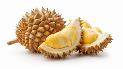 A whole durian with one section cut open, revealing the flesh inside. The spiky exterior contrasts with the smooth interior, set against a white background