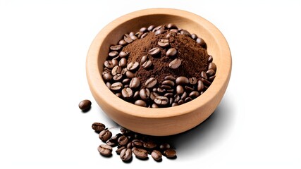 Fototapeta premium Roasted coffee beans with coffe powder in wooden bowl isolated on white background.