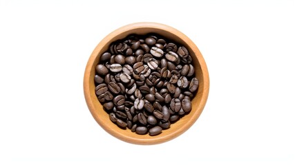 Fototapeta premium Roasted coffee beans with coffe powder in wooden bowl isolated on white background.
