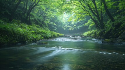 Fototapeta premium 深い緑の森の中で、穏やかな川が静かに流れ、自然の息吹を感じさせる美しい光景が広がっています。
