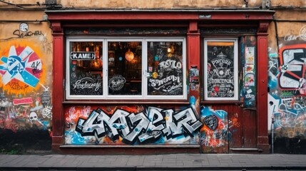 Fototapeta premium Building Covered in Graffiti Next to Sidewalk