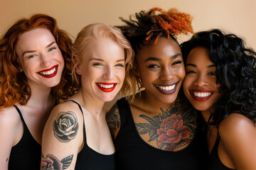 Obraz premium Feminism, a group of multicultural empowered women, smiling and looking with a confident look, women with tattoos and diverse hair styles.