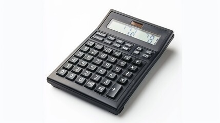 Single black calculator on white background isolated view.