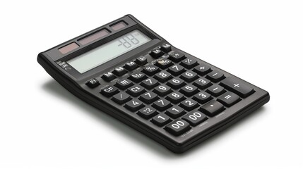 Black calculator with digital display on white background.