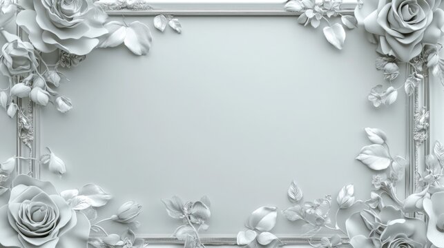 A decorative picture frame filled with white roses and leaves