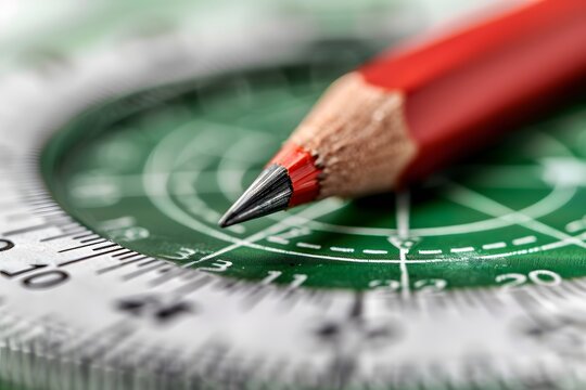 Red pencil on green protractor, precision tool.