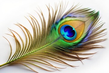 Obraz premium Isolated vibrant peacock feather with intricate eye-like patterns and iridescent colors lies flat on a clean white background, providing ample copy space for text or design.