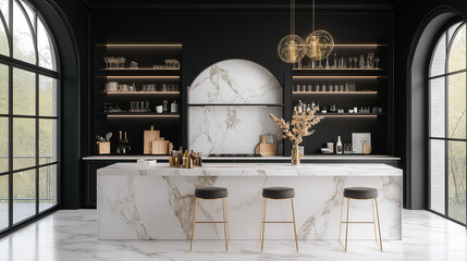 Luxurious black and white kitchen featuring a large marble island, open shelving with glassware, modern lighting, and large arched windows providing natural light.