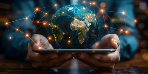 Hands holding tablet with holographic Earth.