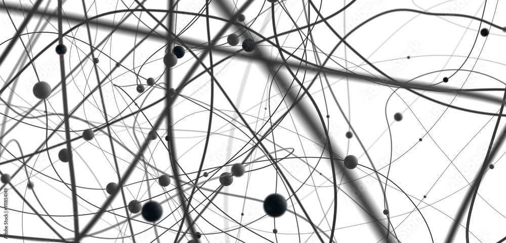 Aufkleber Big data visualization. Network connection structure with chaotic distribution of points and lines. 3D rendering.