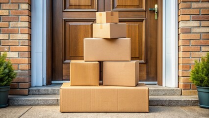 A convenient doorstep delivery scene featuring a neatly arranged stack of brown cardboard packages, symbolizing efficient online shopping and swift shipping services.