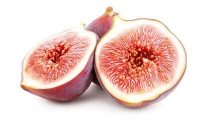 Fresh fig halves, vibrant colors, soft pulp with crunchy seeds, syrupy and succulent taste