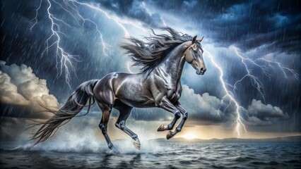 Fototapeta premium Majestic horse with its mane intricately styled to resemble heavy rainfall, evoking the whimsical impression of a powerful steed dancing through a tempestuous storm.