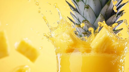 Freshly squeezed pineapple juice, vibrant color, splash effect, juicy explosion, summer refreshment
